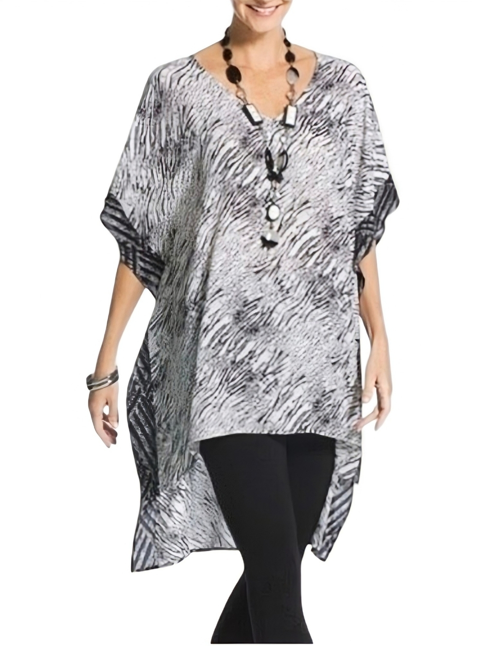 Chico's Taffy Hi-Low Caftan Black and White Zebra Print Art to Wear Size L XL